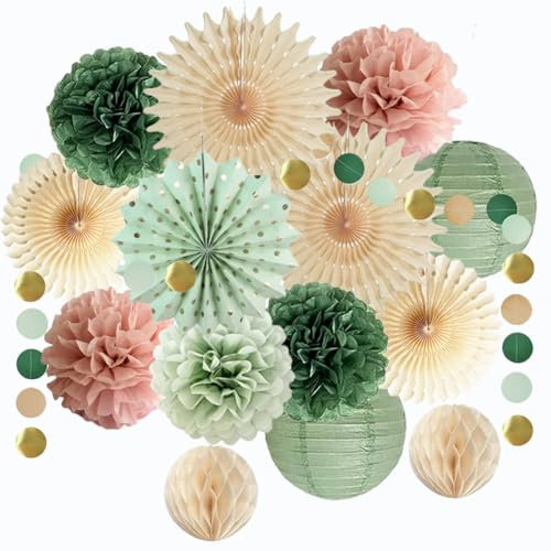Décorations de fête vert sauge et rose poudré - Pompons en papier - Lanternes en papier à pois ronds à suspendre pour femmes et filles - Pour anniversaire, fête prénatale, mariage, fête prénuptiale