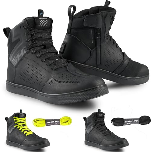SHIMA REBEL 2.0 Botas Moto Hombre Cuero Impermeable Zapatillas Verano Calzado Motorista Baja Adventure Cremallera Lateral Protección Tobillo Motocicleta Trail (Masculinos, Impermeable Negro, 43)