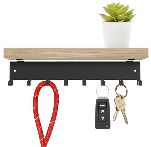 Beautiwall - Stabiler Stahl-Wandschlüsselhalter mit natürlichem Bambusregal. Metall- und Holz-Schlüsselablage mit Haken für Auto, Wohnung, Aufbewahrung, Schlüssel