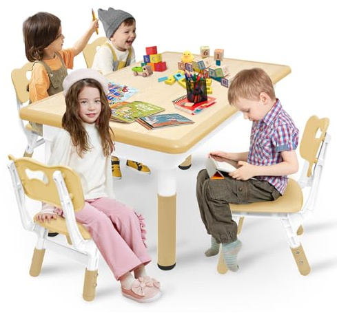 Kidsbuddy Kindertisch mit 4 Stühlen，Kindersitzgruppe Höhenverstellbar，Robust und Standfest，Plastik Kindermöbel，Kinder Tisch Stuhl Set，Kinder-Sitzgarnitur für Kinderzimmer Kindergärten，120 * 60cm