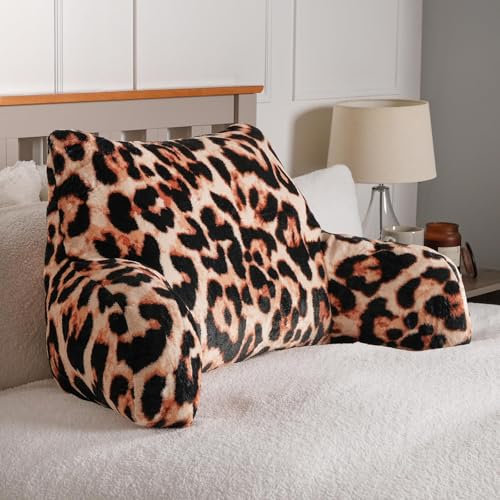 OHS Gaming Back Support Pillow for Bed, Reading Cushion for Chair Super Soft Cosy Pillow with Arms Support Pillows for Sitting Up Fleece Pillow for Adults - 65 x 40cm, Natural Leopard Print