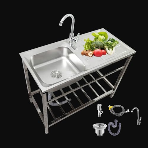 Spültisch Edelstahl 75 83cm Camping Spülbecken Wetterfest Outdoor Spüle Gartenschlauch Küche mit Wasserhahn Ablassvorrichtung Waschtrog Werkbank für Werkstatt Grillplatz Terrassen(75x40x75cm)