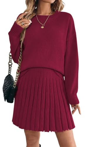 ORANDESIGNE Completo Gonna Plissettata da Donna in 2 Pezzi Abito a Collo Alto e Gonna in Maglia Set 2 Pezzi Vestiti Elegante Vestito in Maglia Gonna A-Line B Vino Rosso S