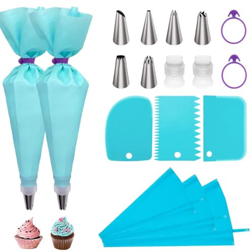 Jortmrd 5 Piezas Mangas Pasteleras en Silicona + 6 Boquillas de Repostería Inoxidable Lavables Puntas Pasteleras + 2 Adaptadores + Dos Gomas Superiores de Manga Pastelera, Decorar Tartas y Galletas