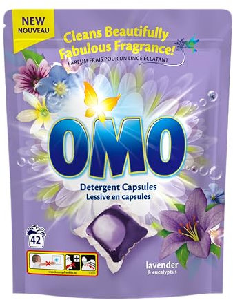 OMO Capsules de lavage à la lavande - Élimine les taches puissantes, fraîcheur durable jusqu'à 14 jours - Contrôle des odeurs - Capsules de lessive compatibles avec les détergents à froid - 168