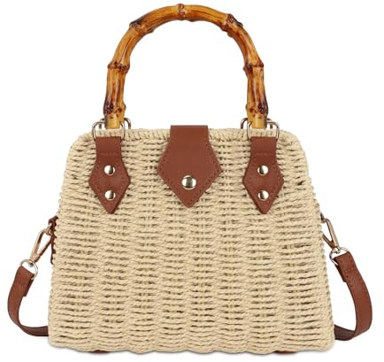 Straw Beach Bag Crossbody Handbag for Women Handmade Woven Shoulder Bag Top Handle Purse for Summer (Beige)