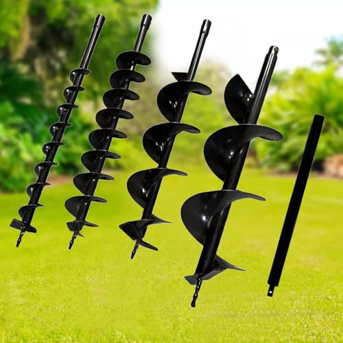 4-Piece Heavy Duty Auger Drill Bit Set (60mm, 100mm, 150mm, 200mm) - Hex Drive Garden Spiral Drill Bits for Planting Bulbs, Seedlings, Bedding Plants & Fence Posts - Compatible with Cordless Drills