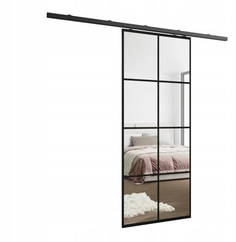 Kier Furniture - Schiebetüren Innen Loki mit Spiegel - Wandschiebetür - Schiebetür Links, Rechts - 16 mm laminierte Platte, Muster auf einer Seite der Tür - Schwarz - 86cm