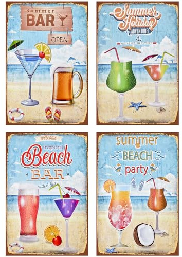 Wasise Bar Accessories - Cocktail Sign, Set of 4 Cocktail Metal Signs, Home Bar Accessories, 20x30cm Vintage Tin Wall Art for Bars Pubs Cafe Home Decor, Perfect Bars Accessorie Kitchen Decorations