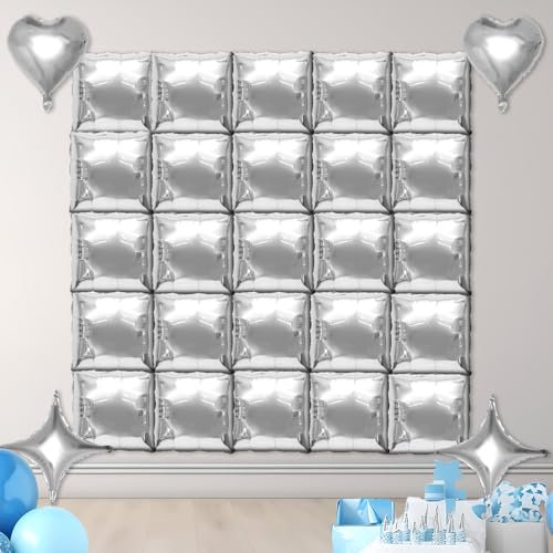 BOXOB 29pcs Ballon Mural en Feuille Métallique Argenté Forme Cœur Étoile Carré, Kit Arche Tunnel à Ballons Double Face pour Garçons Filles Jeune Fille Anniversaire Mariage DécorationsFond Fête