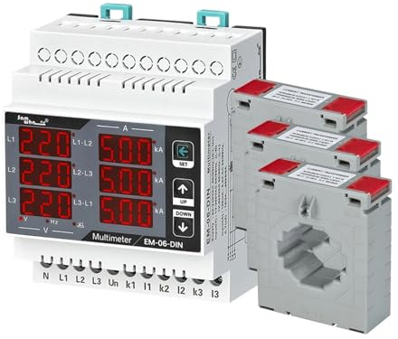 JMORCO Multimetro EM-06-DIN, Volt trifase (LL), (LN), Ampere, Frequenza, Misuratore da Pannello con Display Sequenza di Fase 12 in 1(3CT 800A)