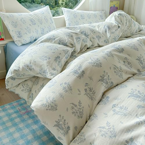HighBuy Muslin Cotton Duvet Cover Twin XL Breathable Textured Gauze Bedding Set Blue Floral Aesthetic Comforter Cover Soft Cottagecore Bedding Set Lightweight 1 Duvet Cover with 2 Pillowcases
