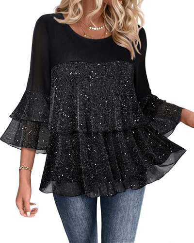 Bebonnie Plus Size Tops for Women Dressy: Ladies Tops and Blouses Sparkly Sequin Elegant Dinner Cocktail Attire Evening Wear Fancy Glitter Chiffon Blouses Dress Shirts for Curvy Woman Star Black 3XL