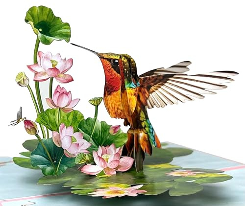 Mothers Day Card 3D, Beautiful Hummingbird and Lotus with Koi Fish Design, Pop Up Birthday Cards for Women, Hummingbird 3D Birthday Card, Pop Up Cards All Occasion for Mother, Mom, Her, Granmother and Daughter