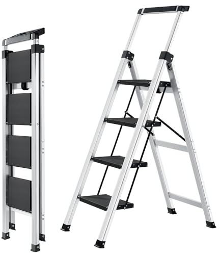 XinSunho 4 Step Ladder, Aluminum Folding Stool with Retractable Handrails & Tool Tray, Anti-Slip, Sturdy Lightweight, 330lbs Safety for Kitchen Indoor Outdoor