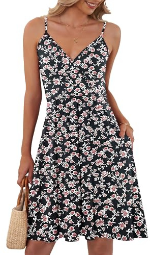 AUSELILY Summer Dress for Women UK V Neck Spaghetti Strap Casual Dress Beach with Pockets