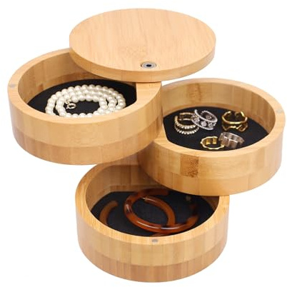 Dreischichtige Schmuckschatulle Um 360° Drehbar, Mit Kratzfester Schmuckschatulle Klein Aus Bambus, Runde Schmuckaufbewahrungsbox Für Ohrringe, Armbänder, Halsketten, Uhren, Schmuckkästen