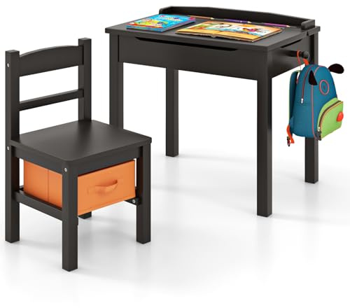 RELAX4LIFE Scrivania per Bambini in Legno con Sedia, Coperchio Apribile Contenitore, Cerniera, Gancio per Zaino e Scatola per Età 3+ Anni (Marrone)