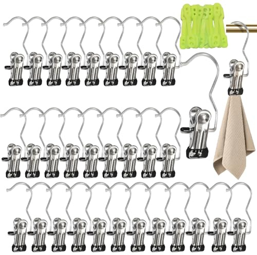 JIUHEEDAMAI 32 Pcs Portable Laundry Hooks, Metal No-slip Boots Hanger Clips | Single 360° Rotatable Hanger Clips, Space Saving Clothes Pegs, Clip Hooks Hanger for Home Travel Socks Towels Hat Trousers