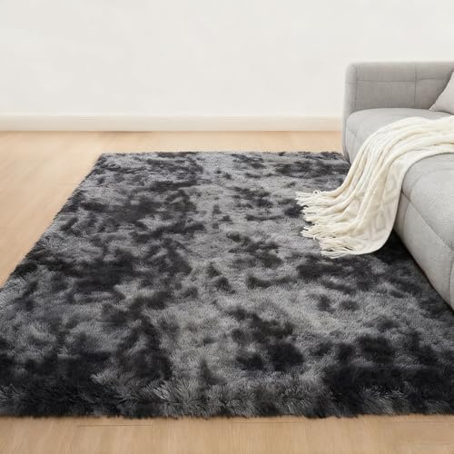 LIHUANE Teppich Wohnzimmer 110 x 120 cm Waschbar Anti-Rutsch Shaggy Modern Flauschiger Fellteppich Langlebig Und Pflegeleicht für Wohnzimmer, Schlafzimmer Und Terrasse, Dunkelgrau