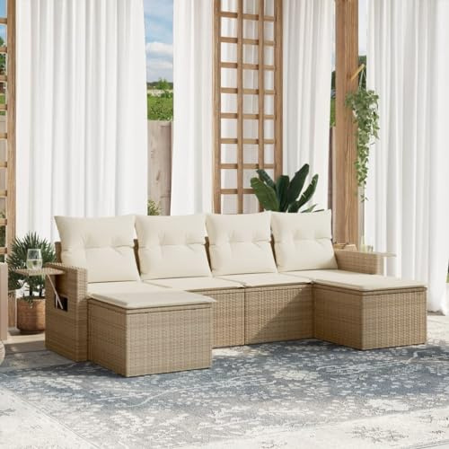 JHQHSM Set di 6 divani da giardino con cuscino, beige, polyrattan, design modulare con vano portaoggetti e sacchetto impermeabile, ripiani pieghevoli, rivestimenti rimovibili, in rattan PE durevole