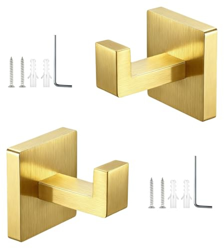 SHENGYIG 2 Stück Handtuchhaken aus 304 Edelstahl | Verdeckte Bohrungsmontage, Goldfarbene Wandhaken für Badezimmer, Küche & Schlafzimmer, Langlebig & Korrosionsbeständig
