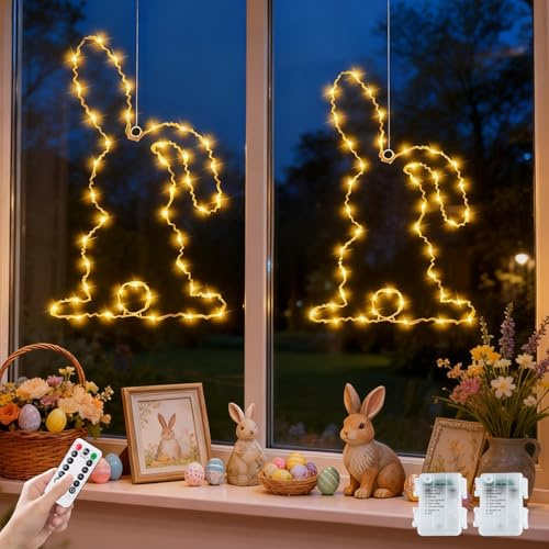 Osterdeko Led Fenster Licht, 2 Stück Osterhase Led Mit Timer Batterieantrieb, 8 Modi, L-ED Osterbeleuchtung Osterdeko Zum Aufhängen, Lichterkette Ostern LE-d Deko Ür Draußen & Innen Fenster Deko(C)