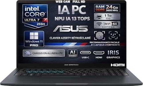ASUS Ordinateur Portable IA, Intel Ultra 7 255H 16 Cœurs, RAM 24Go DDR5, SSD 1To, Écran 16 FHD, WiFi6E, Reconnaissance Faciale, Aluminium, Empreinte Digitale, Clavier AZERTY Rétroéclairé, Win11 Pro