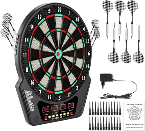 Elektronische Dartscheibe für 1-16 Spieler, E-Dartboards Dartautomat mit 4 LCD-Anzeige und 6 Darts und 24 Pfeilkopf 27 Spiele mit 243 Spieloptionen Profi Elektronik Dartspiel