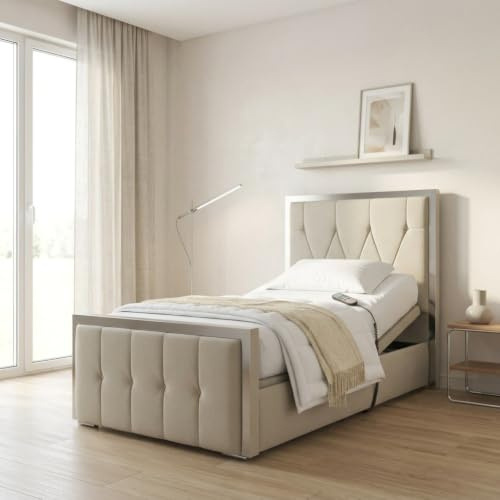 Paradise Beds Ltd Geometric Panel Electric Adjustable Bed Frame with Upholstered Surround, Motorised Reclining Bed Base for Comfort, Support & Wellbeing (Pebble, 3ft Single)