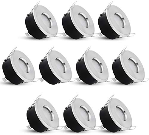 linovum Einbaurahmen 10er Set IP65 silber rund GU10 Bad Fassung | Zehn Deckenrahmen IP65 Alu gebürstet - mit Milchglas für Bad, Dusche & außen, für GU10, inkl. Fassung (ohne Leuchtmittel)