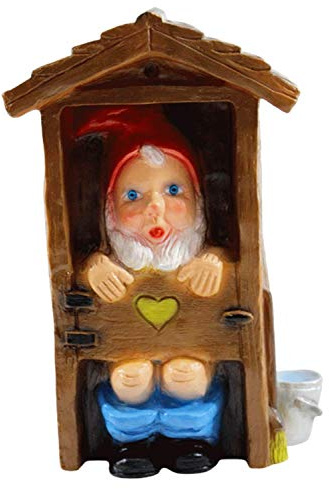 RAKSO Deko Figur Spaß Zwerg H 29 cm Gartenzwerg im WC-Häuschen Gartenfigur aus Kunststoff