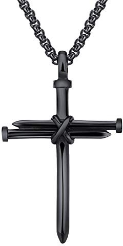 Flongo Herren-Kette Männer Kreuz Anhänger, Edelstahl Anhänger Halskette Schwarz Silber Gold Nagel Kreuz Poliert Herren-Accessoires