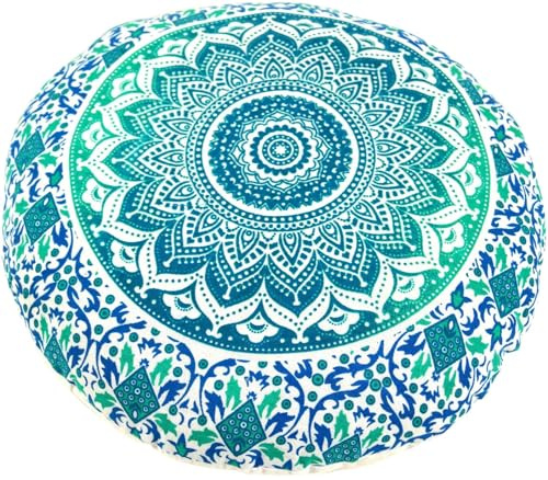 GURU SHOP Flaches Mandala Meditationskissen, Yoga Kissen, Yogakissen, Sitzkissen, Bodenkissen, Dekokissen - Türkis, Baumwolle, 10x40x40 cm