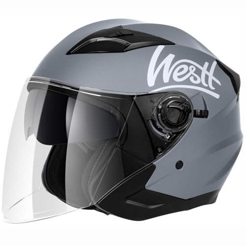 Westt Jethelm mit Visier und Sonnenblende Motorradhelm Herren Damen Rollerhelm Mopedhelm Mofa Chopper Helm Motorrad Halbhelm Open-Face-Helm Pilotenhelm ECE DOT Zertifiziert