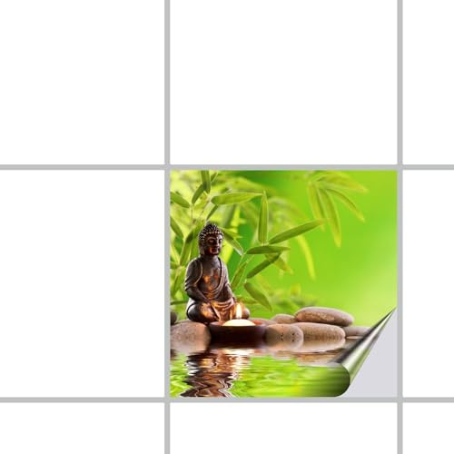 FoLIESEN Fliesenaufkleber - Deko-Bild für Bad, Küche, Badezimmer - Dekoration Fliesen-Bild selbstklebend - Buddha Zen Garten, Fliese - Bild (BxH):20x20 cm - 3 Stück