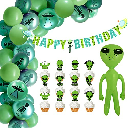 Alien Geburtstag Deko Komische Party HAPPY BIRTHDAY Girlande Cake Toppers Sci-Fi Geburtstagsdeko