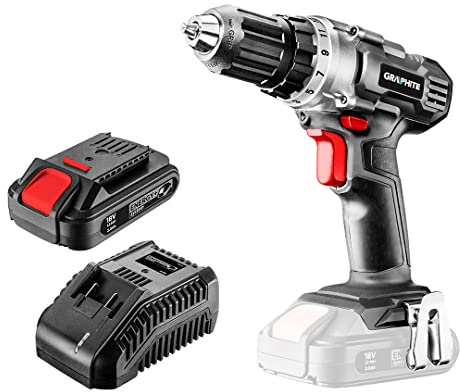 GRAPHITE 18V Akkubohrschrauber Bohrer Energy+, Bohrmaschine/Schrauber | Mit Akku-Pack von 2.0Ah, Ladegerät in einer Pappschachtel, 10 mm Bohrfutter