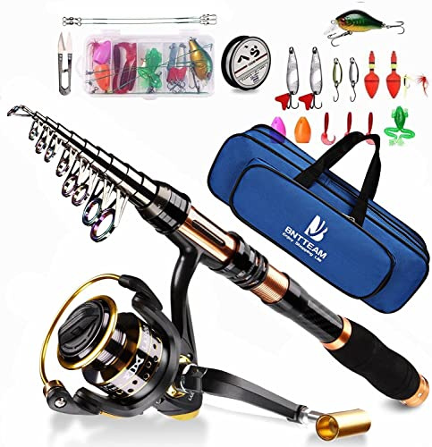 BNTTEAM Télescopique Ensemble de Canne à pêche Portable et Moulinet en Fibre de Carbone Pointe,Kits de Sac de Transport de Ligne de leurres de pêche