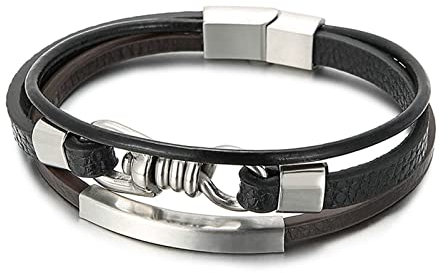 Ayoiow Männer Armband Indianer, Edelstahl Armreifen Männer Armbänder Leder Schwarz 3 Lagen Armband