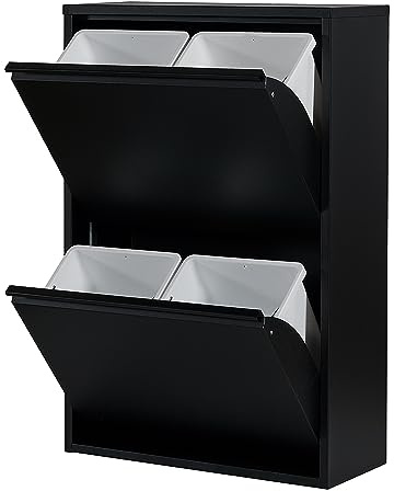 Atahome Recycling Bins for Kitchen Metal Slim Trash Bin Cabinet 4 Bins Plastic Buckets with Metal Handles, 4x15 Litres Bin Divider Storage Organiser, Sturdy Rubbish Bin Didyma 2+2 Drawer (Black)