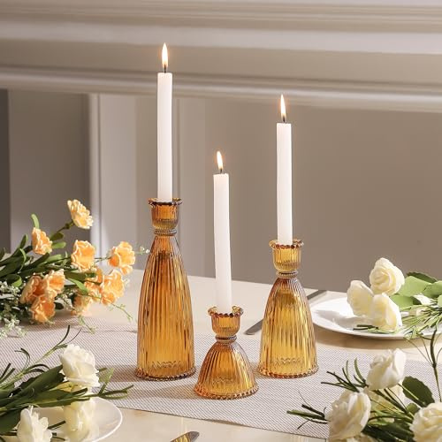 Joyfice Vertical Stripe Candlestick Holders Set of 3, Premium Glass Candle Holders for Candlesticks and Taper Candles, Vintage Candle Holder Decor for Table Centerpiece, Amber