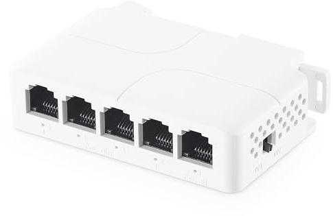 PoE Passthrough Switch, 1 in 4 Out Extender, IEEE802.3af/at/bt Powered 90W, 100Mbps Ethernet, DIN Rail & Wall Mounted, Plug and Play
