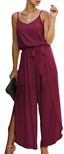 ASOMI Mono de verano para mujer, largo de verano, sexy, elegante, cinturón de moda, mono, boda, vacaciones, playa, cuello en V, traje de negocios, holgado, festivo, tirantes delgados, 84Vino Tinto, S