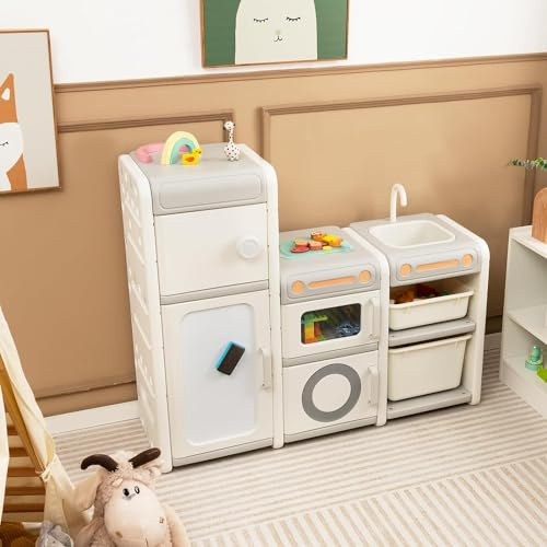GOPLUS Organisateur de Jouets Polyvalent pour Enfants, Meuble de Rangement avec 4 Armoires, 2 Bacs, Tableau Blanc Magnétique, Évier Amovible & Robinet, pour Salon, Chambre d'enfant, Salle