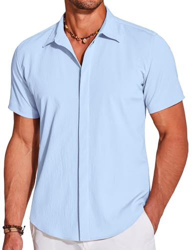 COOFANDY Men's Button Down Summer Beach Shirt Casual Short Sleeve Lightweight Textured Wrinkle Free Stretch Shirts Pale Blue L