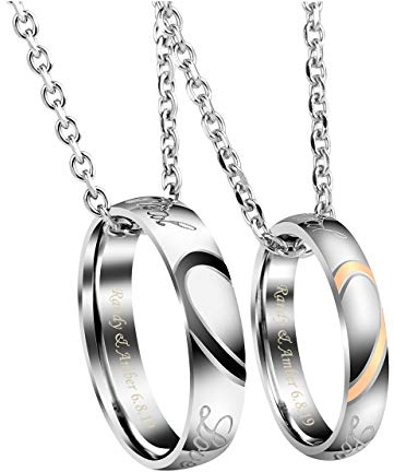 Jovivi Personalisierte Partnerketten Ringe Anhänger mit Gravur Paar Ketten für Damen Herren Partner Pärchen Geschenke