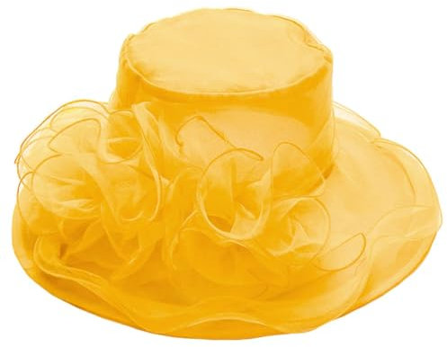 ZESLIV Damenhut Organza Hut Party Hochzeit Anlasshut Brauthut Sonnenhut mit Blumen Sommerhut Sonnenschutz Strandhut, Gelb