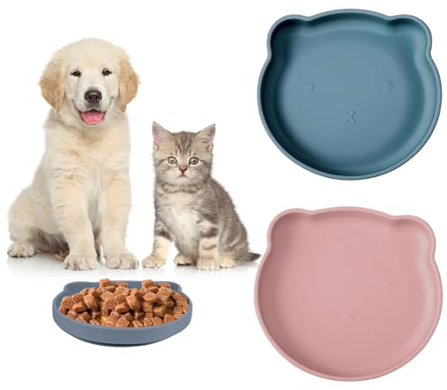 2STK Katzennapf Flach Silikon Blau Rosa Katzen Futternapf Katze 17,5×16,5cm | mit Rutschfest Saugnapf BPA-Frei Wassernapf Katze Teller Katzenschüssel Feeder Cat Bowl Schnurrhaar Freundlich, für Haustiere