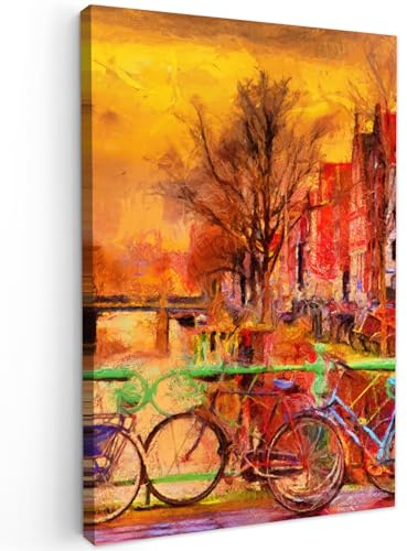 MuchoWow© Leinwände Wall Decoration Bilder Schlafzimmer Deko Pictures | 40x60 cm - Canvas Painting Wanddekoration Wohnzimmer Kunstdruck - Gemälde - Fahrrad - Amsterdam - Kanal - Ölgemälde